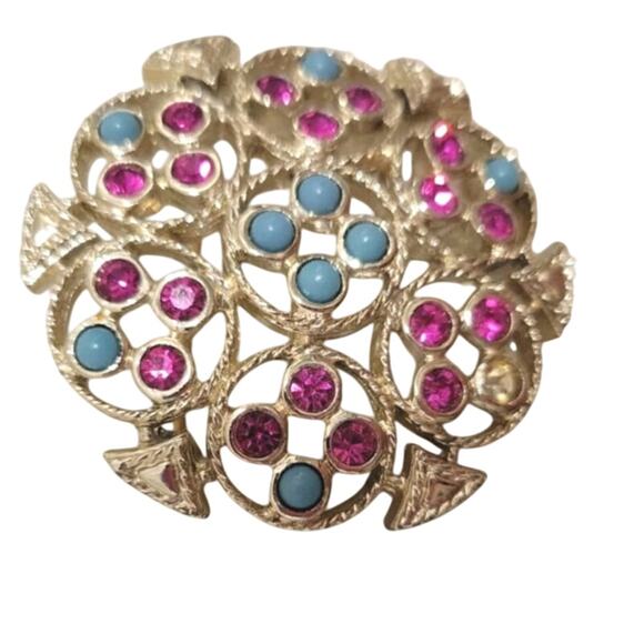 Vintage Sarah Coventry Gold Brooch with Turquoise & Pink Rhinestones Signed Pin - Picture 5 of 6